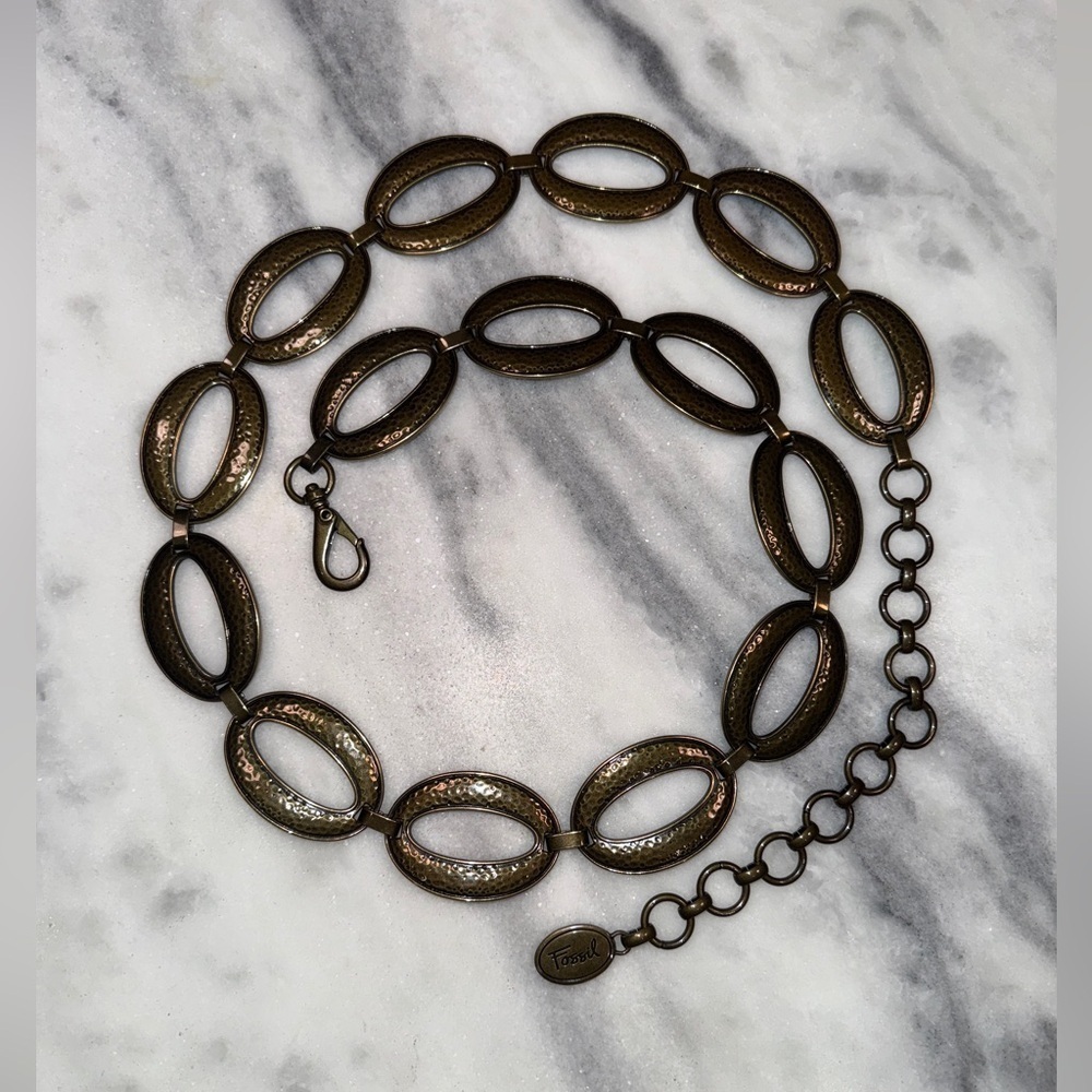 Vintage Y2K Fossil Women’s Belt Bronze Toned Hammered Metal Oval Links M/L
